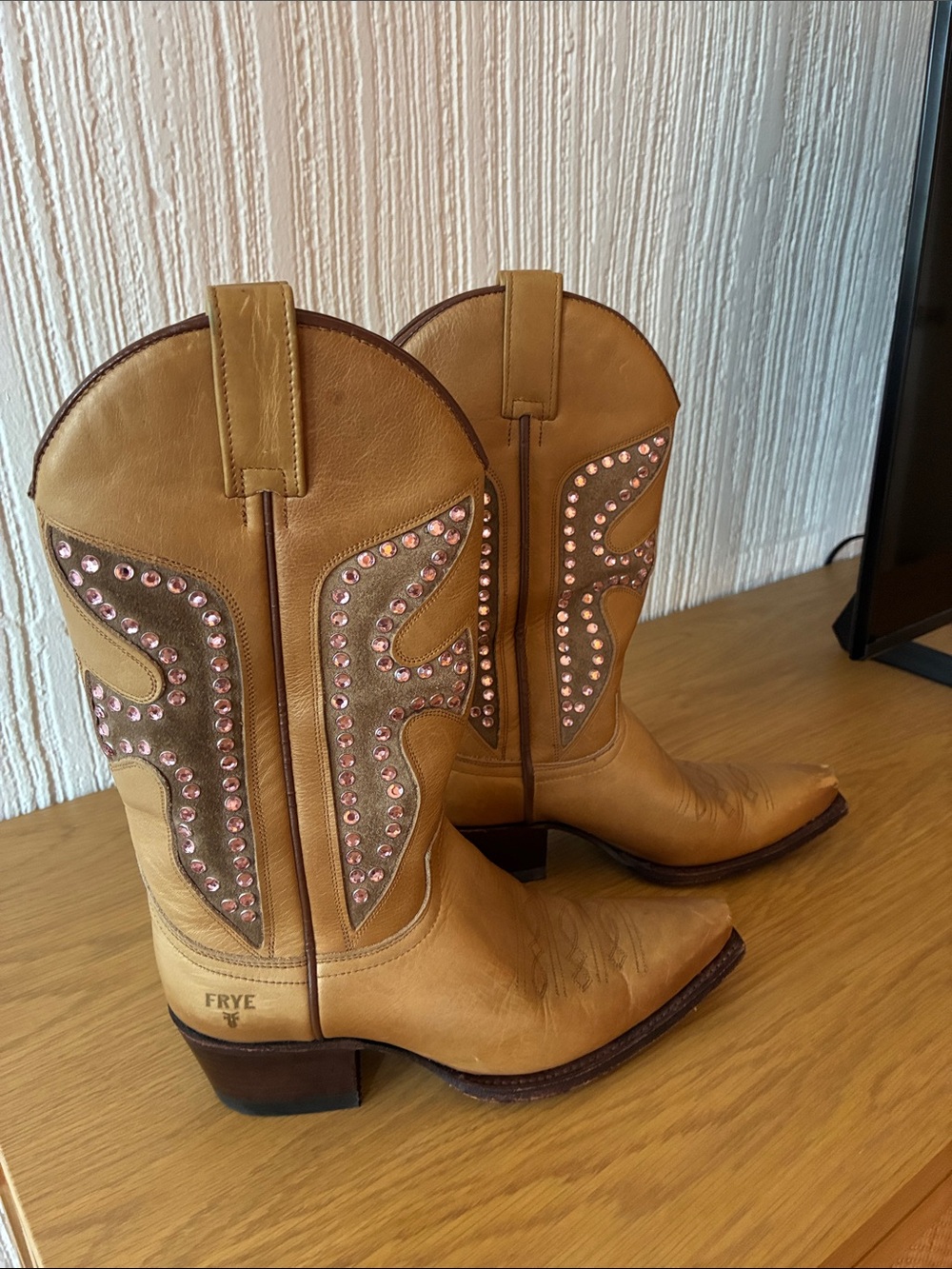 FRYE Cowboy Boots Leather Pink Rhinestone Western